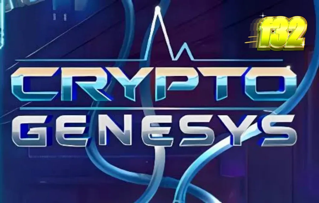 Tampilan layar permainan slot Crypto Genesys dengan tema cyberpunk dan simbol kripto.